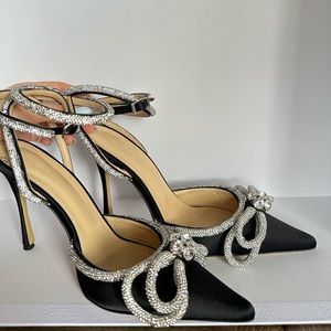 Mach & Mach Double Bow Silk Satin Black Heel Size 7.5